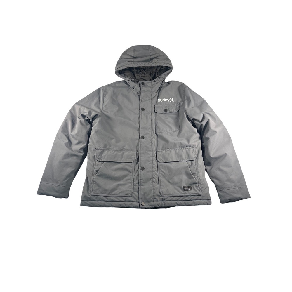Hurley Mens Hooded Field Jacket Gray Full Zip Snap Pockets Size Large AS‎ IS